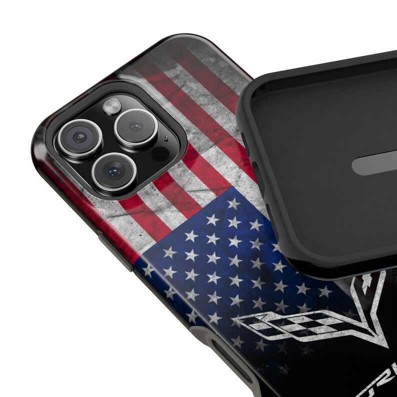 Corvette C7 USA iPhone Case - American Flag - Cell Phone Case - Impact Resistant - Rubber Liner - Matte or Glossy