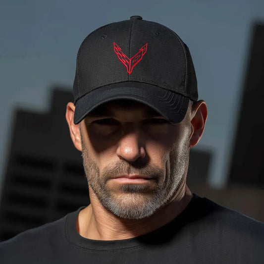 Corvette C8 Red Logo Baseball Cap, Flexfit® Hat, Stretchy Band, Black Hat, Corvette Gear, Embroidery