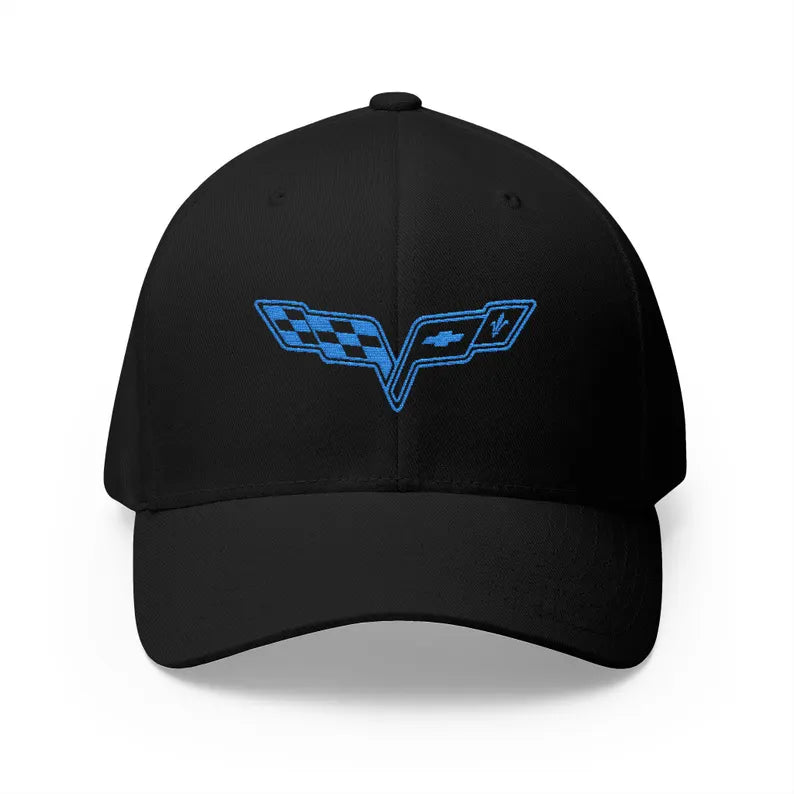 Corvette C6 Blue Logo Baseball Cap, Flexfit® Hat, Stretchy Band, Black Hat, Corvette Gear, Embroidery