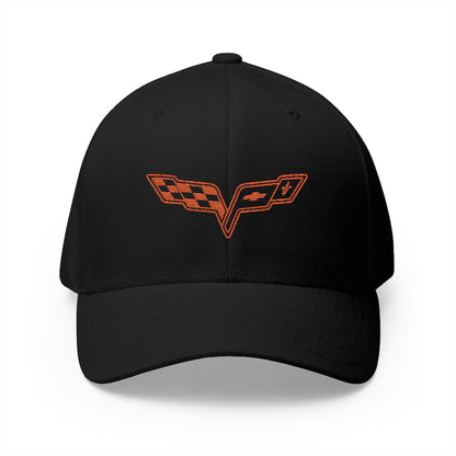 Corvette C6 Orange Logo Baseball Cap, Flexfit® Hat, Stretchy Band, Black Hat, Corvette Gear, Embroidery