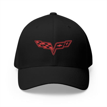 Corvette C6 Red Logo Baseball Cap, Flexfit® Hat, Stretchy Band, Black Hat, Corvette Gear, Embroidery