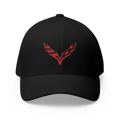 Corvette C7 Red Logo Baseball Cap, Flexfit® Hat, Stretchy Band, Black Hat, Corvette Gear, Embroidery