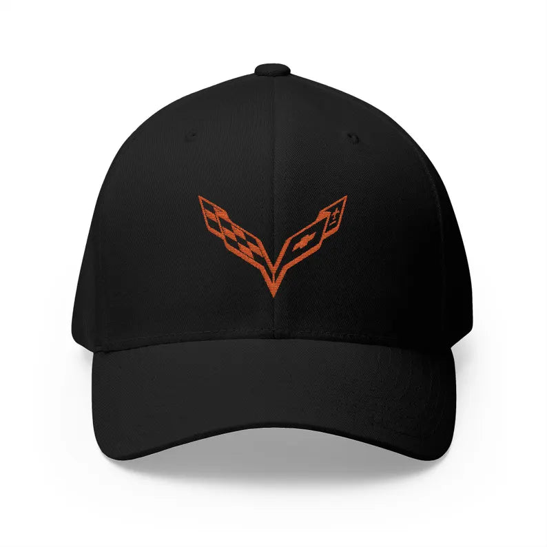 Corvette C7 Orange Logo Baseball Cap, Flexfit® Hat, Stretchy Band, Black Hat, Corvette Gear, Embroidery