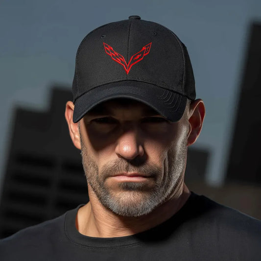 Corvette C7 Red Logo Baseball Cap, Flexfit® Hat, Stretchy Band, Black Hat, Corvette Gear, Embroidery