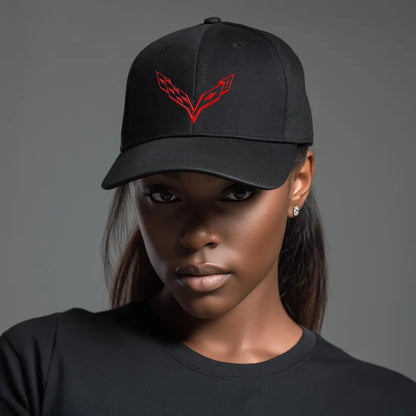 Corvette C7 Red Logo Baseball Cap, Flexfit® Hat, Stretchy Band, Black Hat, Corvette Gear, Embroidery
