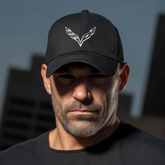 Corvette C7 White Logo Baseball Cap, Flexfit® Hat, Stretchy Band, Black Hat, Corvette Gear, Embroidery