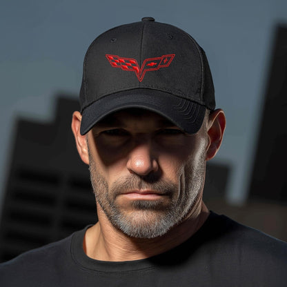 Corvette C6 Red Logo Baseball Cap, Flexfit® Hat, Stretchy Band, Black Hat, Corvette Gear, Embroidery