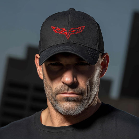 Corvette C6 Red Logo Baseball Cap, Flexfit® Hat, Stretchy Band, Black Hat, Corvette Gear, Embroidery