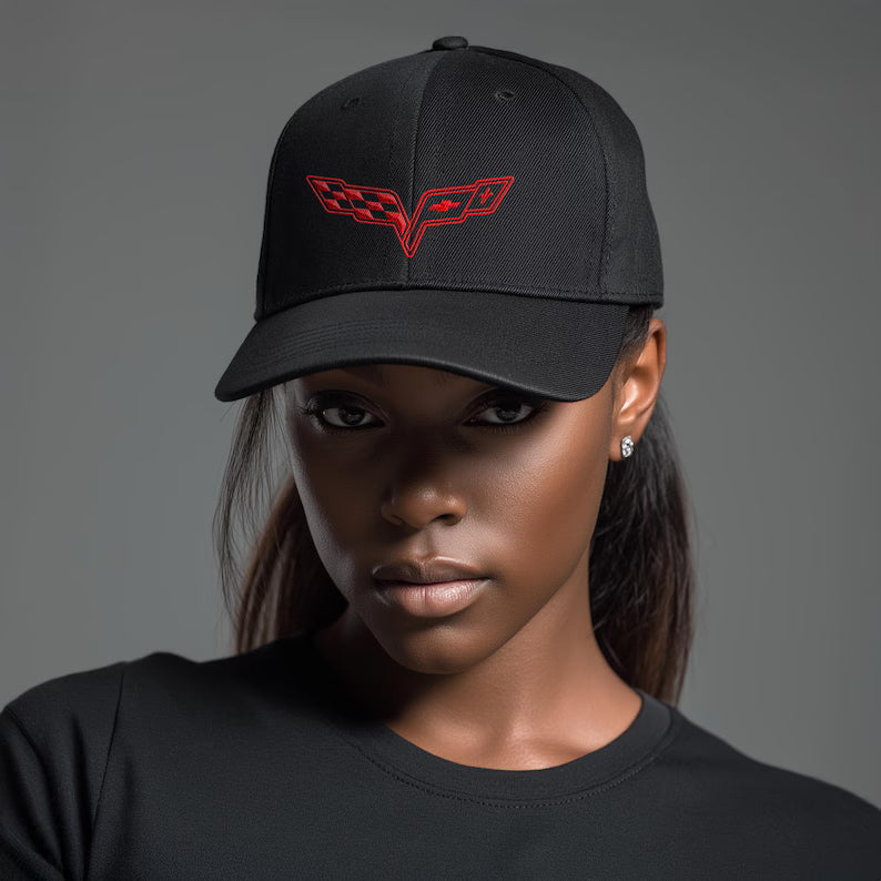 Corvette C6 Red Logo Baseball Cap, Flexfit® Hat, Stretchy Band, Black Hat, Corvette Gear, Embroidery