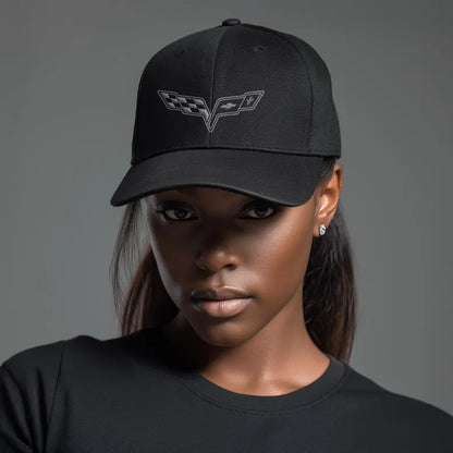 Corvette C6 Grey Logo Baseball Cap, Flexfit® Hat, Stretchy Band, Black Hat, Corvette Gear, Embroidery