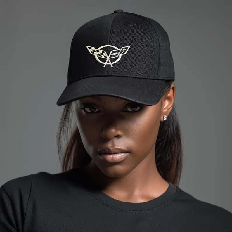 Corvette C5 White Logo Baseball Cap, Flexfit Hat, Stretchy Band, Black Hat, Corvette Gear, Embroidery