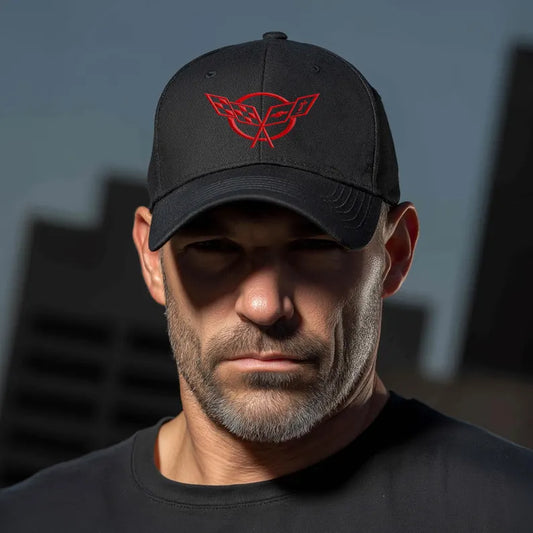 Corvette C5 Red Logo Baseball Cap, Flexfit Hat, Stretchy Band, Black Hat, Corvette Gear, Embroidery