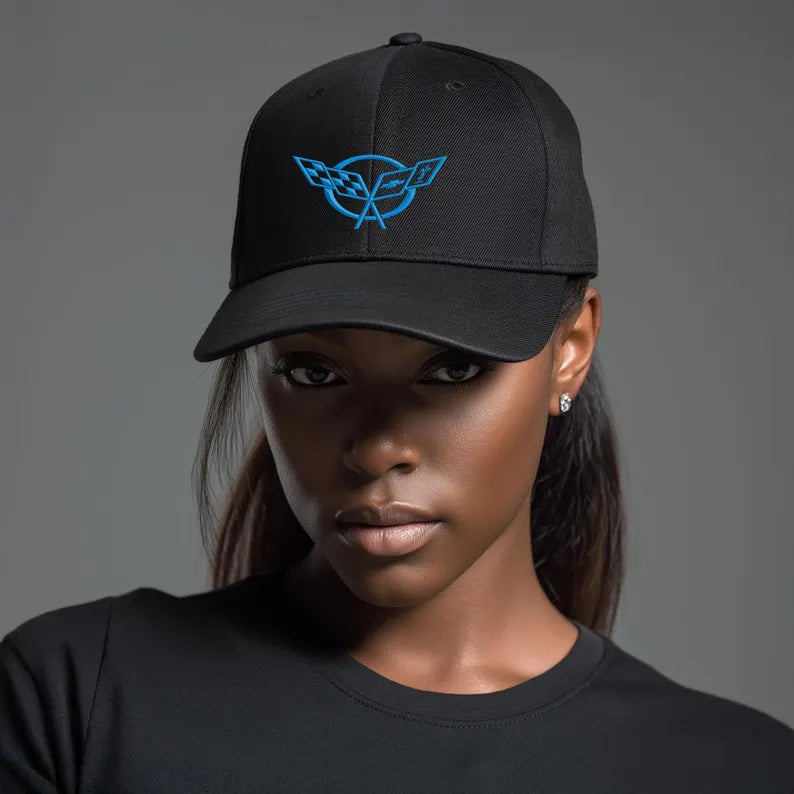 Corvette C5 Blue Logo Baseball Cap, Flexfit Hat, Stretchy Band, Black Hat, Corvette Gear, Embroidery