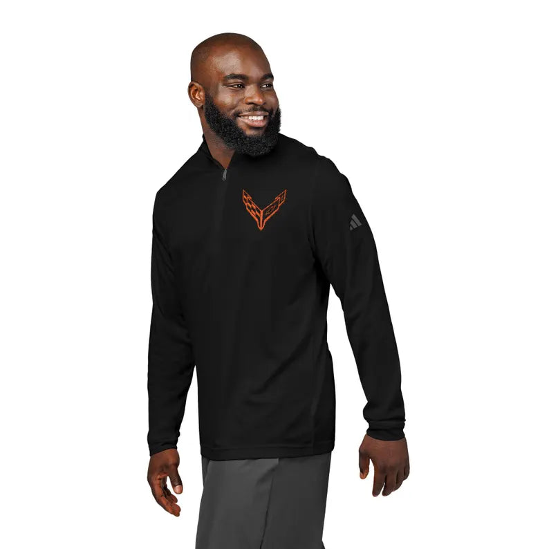 Adidas® Quarter-Zip Corvette C8 Pullover, Athletic Wear, Gym Lovers, Gifts for Him/Her, Casual Wear, Long Sleeve, Orange Corvette Logo