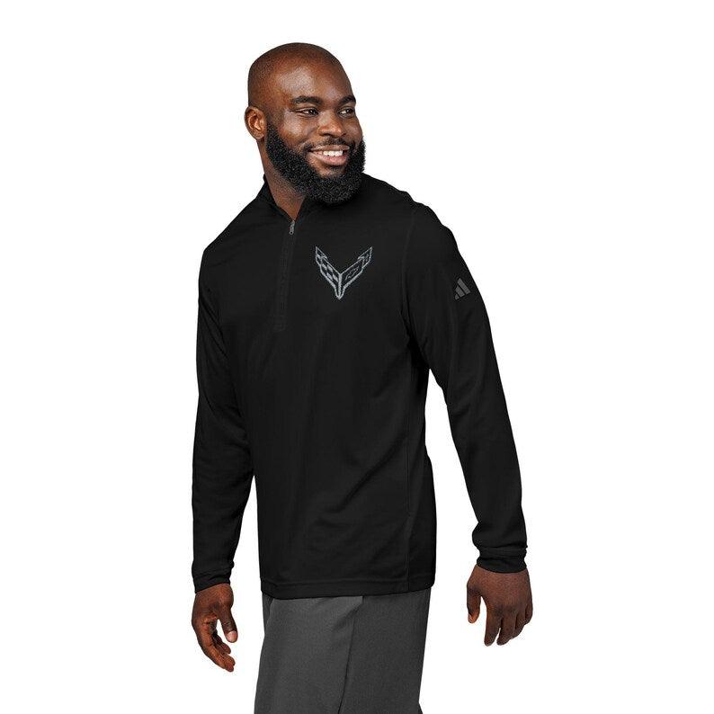 Adidas® Quarter-Zip Corvette C8 Pullover, Athletic Wear, Gym Lovers, Gifts for Him/Her, Casual Wear, Long Sleeve, Gray Corvette Logo