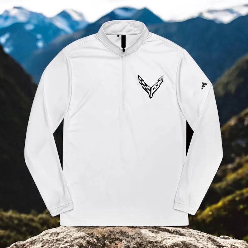 Adidas® Quarter-Zip Corvette C8 Pullover, Athletic Wear, Gym Lovers, Gifts for Him/Her, Casual Wear, Long Sleeve, Black Corvette Logo
