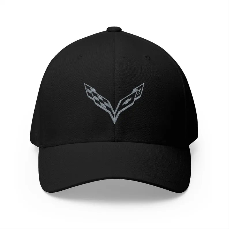 Corvette C7 Grey Logo Baseball Cap, Flexfit® Hat, Stretchy Band, Black Hat, Corvette Gear, Embroidery