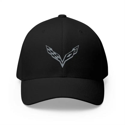 Corvette C7 Grey Logo Baseball Cap, Flexfit® Hat, Stretchy Band, Black Hat, Corvette Gear, Embroidery