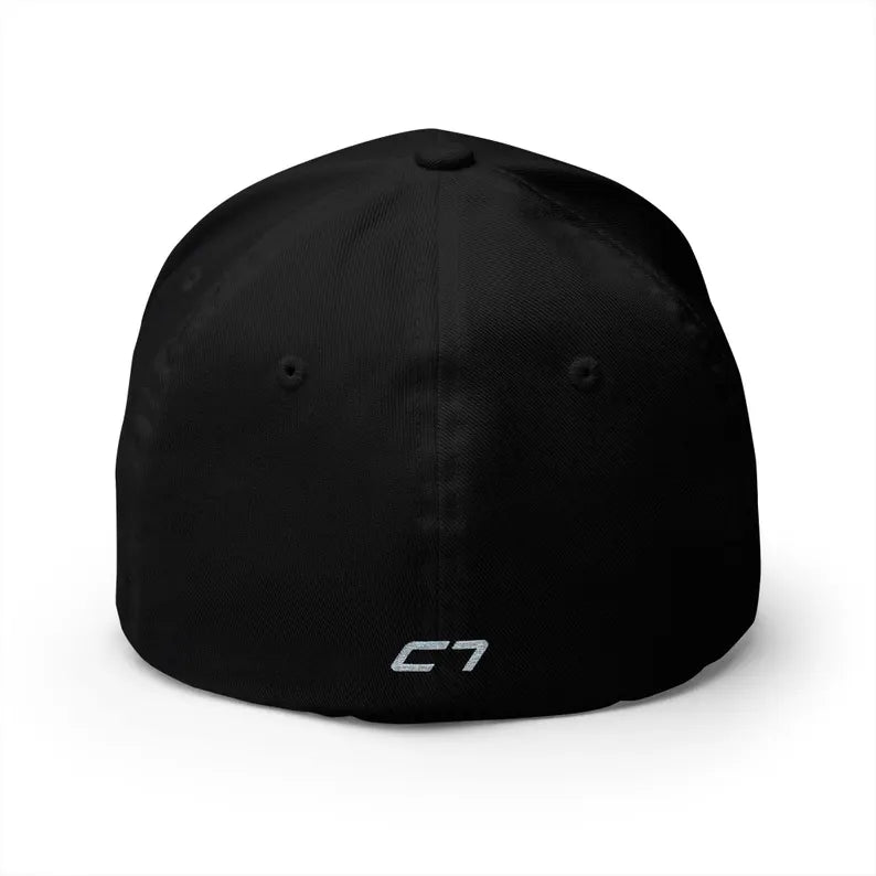 Corvette C7 Grey Logo Baseball Cap, Flexfit® Hat, Stretchy Band, Black Hat, Corvette Gear, Embroidery