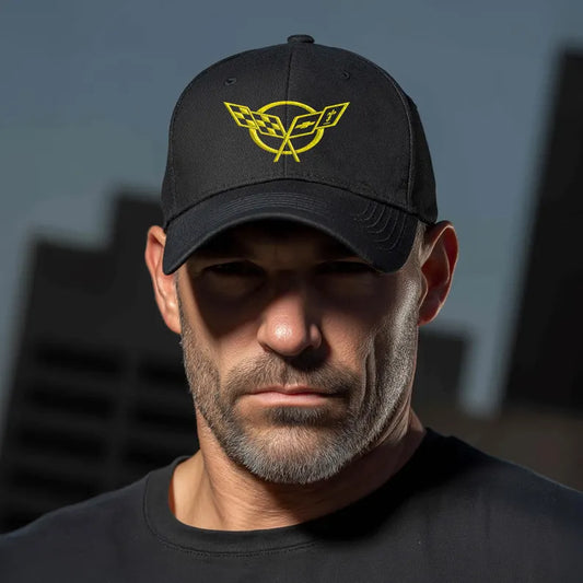 Corvette C5 Yellow Logo Baseball Cap, Flexfit Hat, Stretchy Band, Black Hat, Corvette Gear, Embroidery