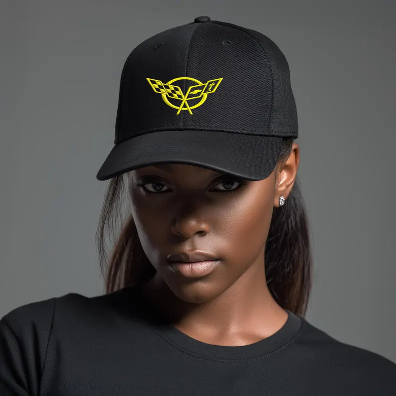 Corvette C5 Yellow Logo Baseball Cap, Flexfit Hat, Stretchy Band, Black Hat, Corvette Gear, Embroidery