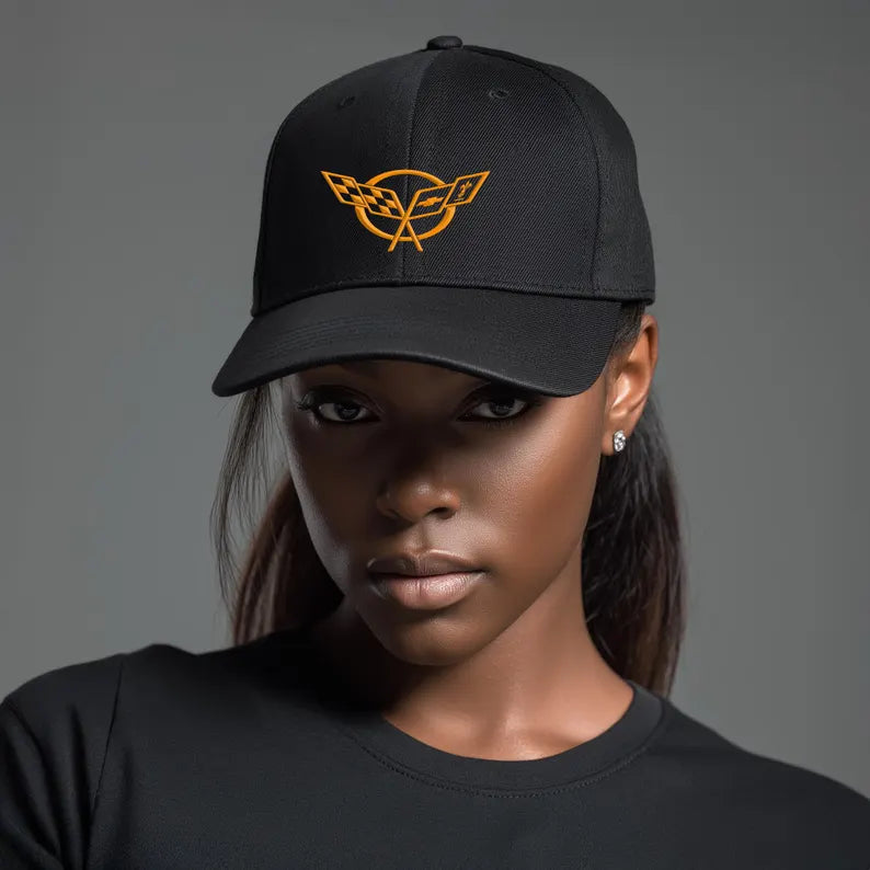 Corvette C5 Orange Logo Baseball Cap, Flexfit Hat, Stretchy Band, Black Hat, Corvette Gear, Embroidery
