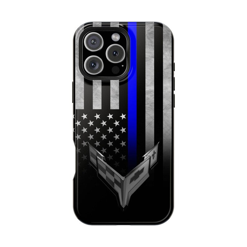 Corvette C8 Blue Lives Matter Magnetic Tough Case, iPhone Case, Impact Resistant, MagSafe, Rubber Liner, Matte or Glossy, Cell Phone Case