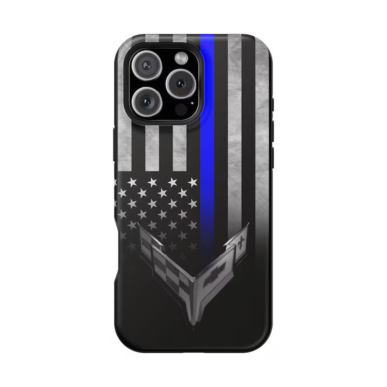 Corvette C8 Blue Lives Matter Magnetic Tough Case, iPhone Case, Impact Resistant, MagSafe, Rubber Liner, Matte or Glossy, Cell Phone Case