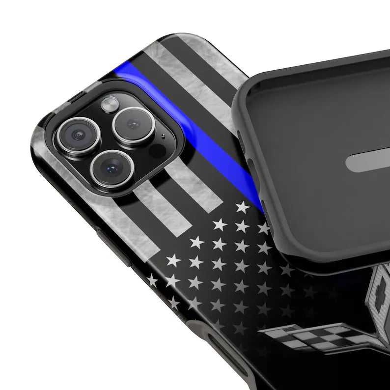 Corvette C7 Blue Lives Matter Magnetic Tough Case, iPhone Case, Impact Resistant, MagSafe, Rubber Liner, Matte or Glossy, Cell Phone Case