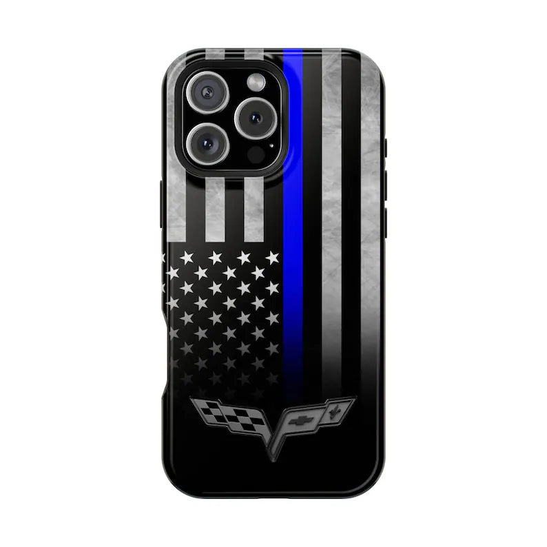 Corvette C6 Blue Lives Matter Magnetic Tough Case, iPhone Case, Impact Resistant, MagSafe, Rubber Liner, Matte or Glossy, Cell Phone Case