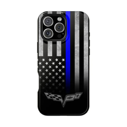 Corvette C6 Blue Lives Matter Magnetic Tough Case, iPhone Case, Impact Resistant, MagSafe, Rubber Liner, Matte or Glossy, Cell Phone Case