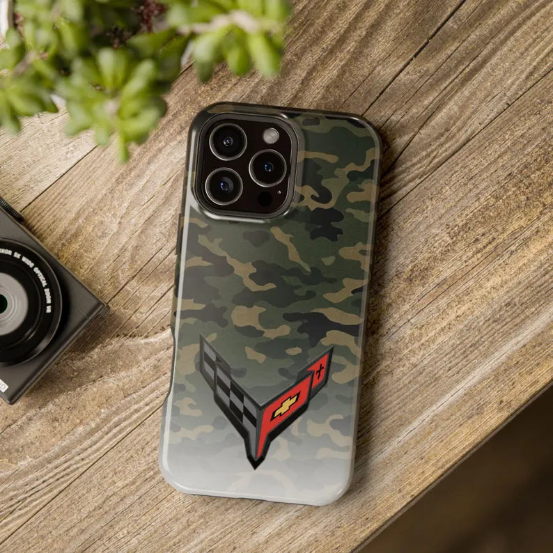 Corvette C8 Camo Magnetic Tough Case, iPhone Case, Impact Resistant, MagSafe, Rubber Liner, Matte or Glossy, Cell Phone Case