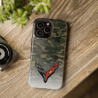 Corvette C8 Camo Magnetic Tough Case, iPhone Case, Impact Resistant, MagSafe, Rubber Liner, Matte or Glossy, Cell Phone Case