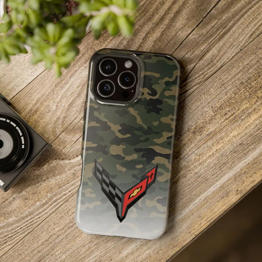 Corvette C8 Camo Magnetic Tough Case, iPhone Case, Impact Resistant, MagSafe, Rubber Liner, Matte or Glossy, Cell Phone Case