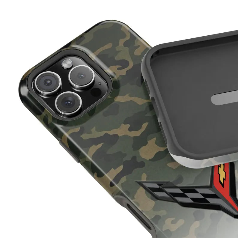 Corvette C8 Camo Magnetic Tough Case, iPhone Case, Impact Resistant, MagSafe, Rubber Liner, Matte or Glossy, Cell Phone Case