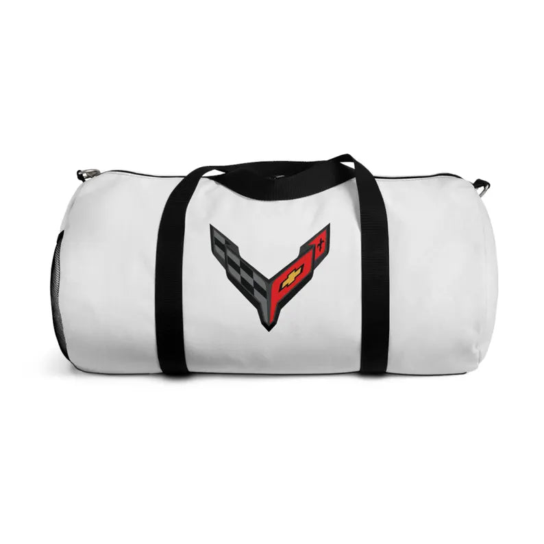 White Corvette Duffel Bag, C8 Logo, Gym Bag, Travel Bag, Gifts for Car Guys, Gifts for Car Girls, Corvette Merch, Overnight Duffel