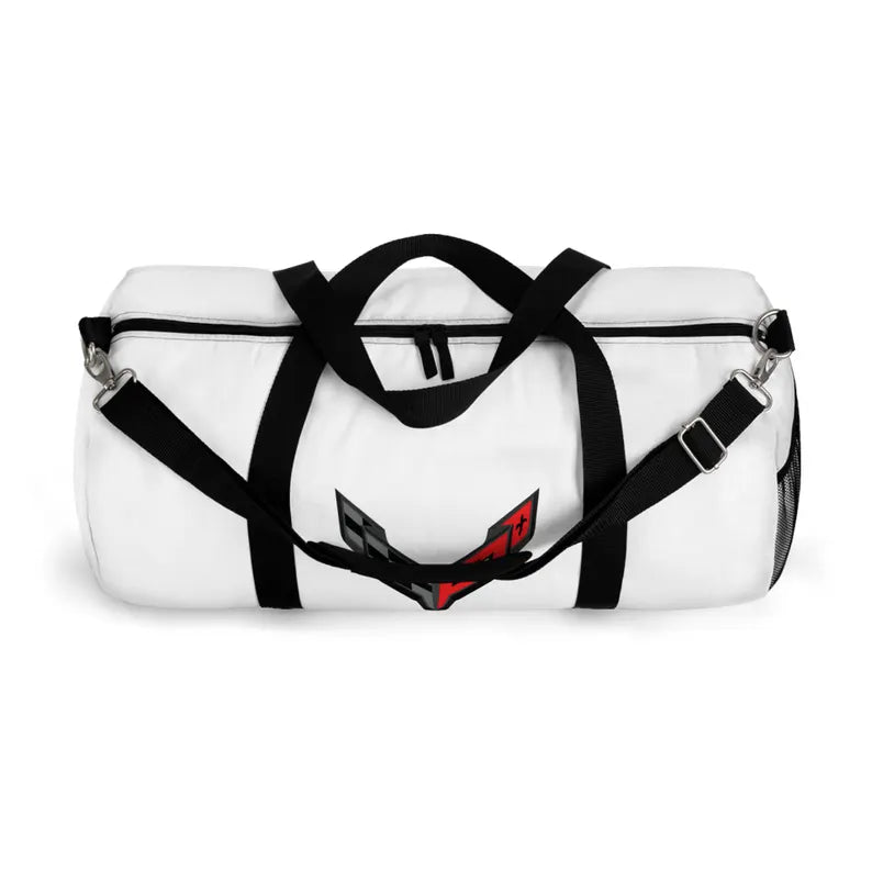 White Corvette Duffel Bag, C8 Logo, Gym Bag, Travel Bag, Gifts for Car Guys, Gifts for Car Girls, Corvette Merch, Overnight Duffel