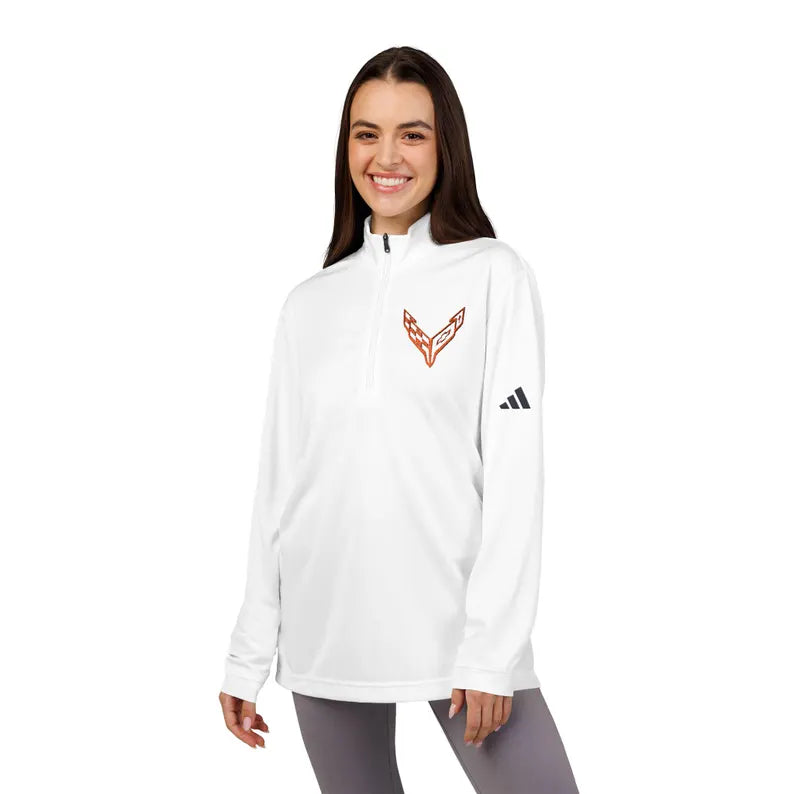 Adidas® Quarter-Zip Corvette C8 Pullover, Athletic Wear, Gym Lovers, Gifts for Him/Her, Casual Wear, Long Sleeve, Orange Corvette Logo