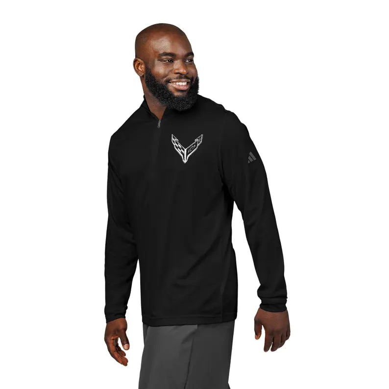 Adidas® Quarter-Zip Corvette C8 Pullover, Athletic Wear, Gym Lovers, Gifts for Him/Her, Casual Wear, Long Sleeve, White Corvette Logo