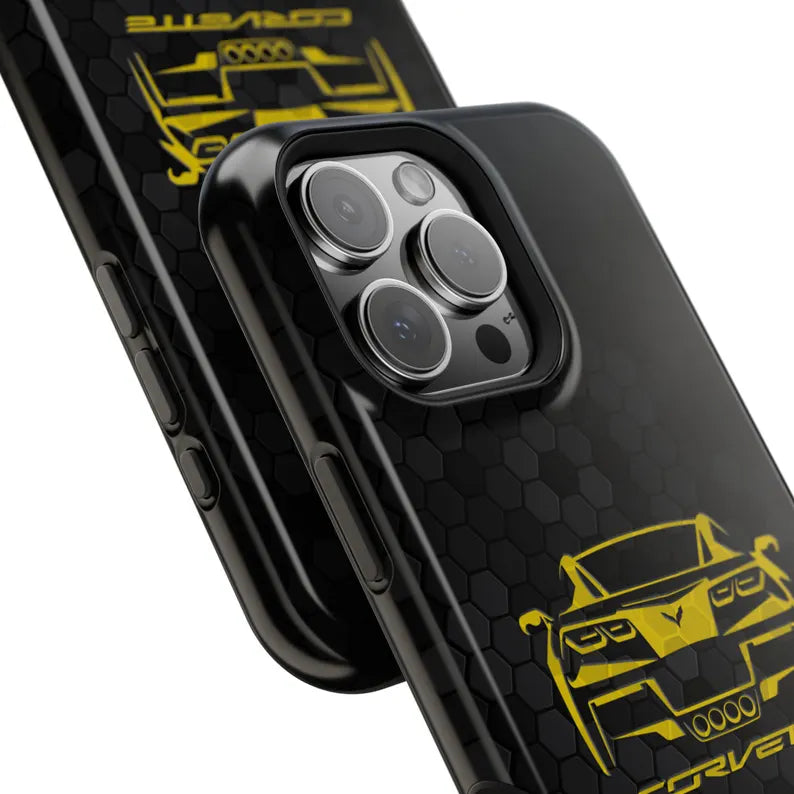 Corvette C7 Custom Illustrated Magnetic Tough Case, iPhone Case, Impact Resistant, MagSafe, Rubber Liner, Matte or Glossy, Cell Phone Case