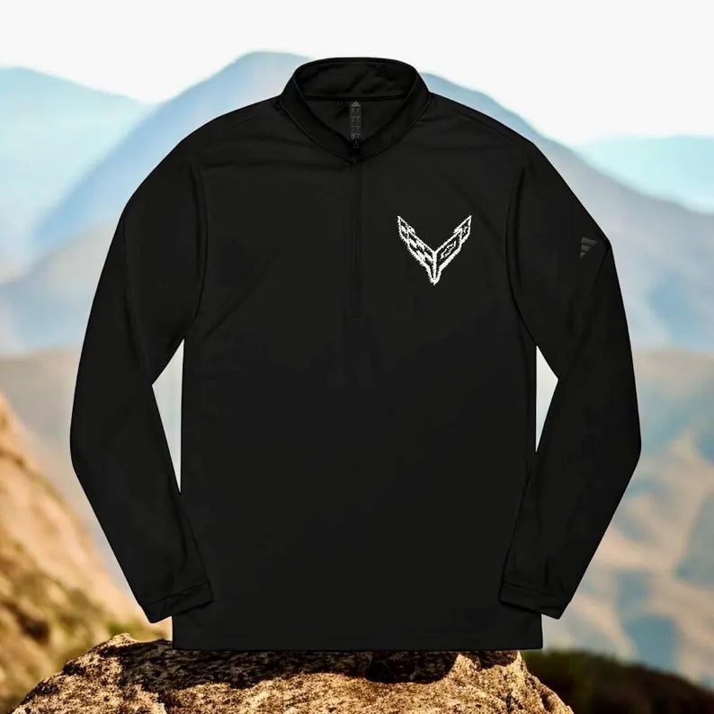 Adidas® Quarter-Zip Corvette C8 Pullover, Athletic Wear, Gym Lovers, Gifts for Him/Her, Casual Wear, Long Sleeve, White Corvette Logo