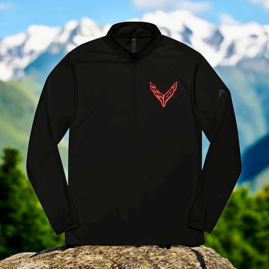 Adidas® Quarter-Zip Corvette C8 Pullover, Athletic Wear, Gym Lovers, Gifts for Him/Her, Casual Wear, Long Sleeve, Red Corvette Logo