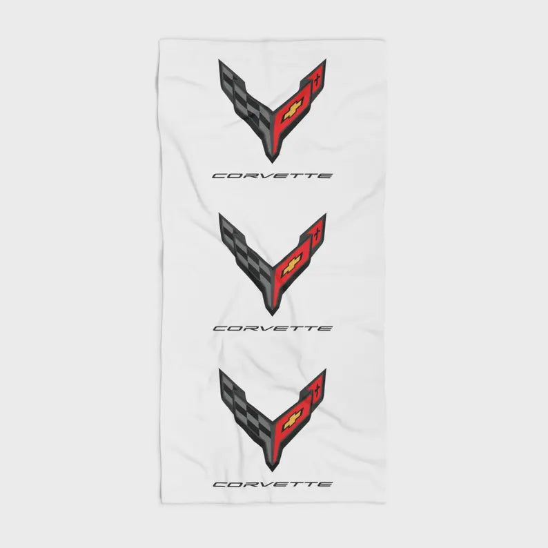 Corvette Beach Towel, C8 Corvette Gifts, Car Enthusiast Towel, Quick-Dry Towel, Corvette Logo, White Towel, Car Guy Gifts