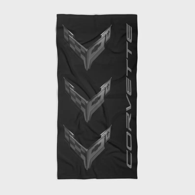 Corvette Blackout C8 Beach Towel, C8 Corvette Gifts, Car Enthusiast Towel, Quick-Dry Towel, Corvette Logo, White Towel, Car Guy Gifts
