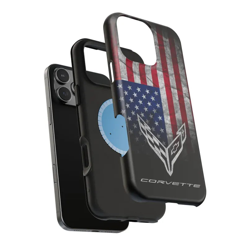 Corvette C8 Magnetic Tough Case, USA Flag, American Flag, iPhone Case, Impact Resistant, MagSafe, Rubber Liner, Matte or Glossy, Cell Case