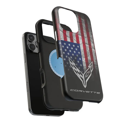 Corvette C8 Magnetic Tough Case, USA Flag, American Flag, iPhone Case, Impact Resistant, MagSafe, Rubber Liner, Matte or Glossy, Cell Case