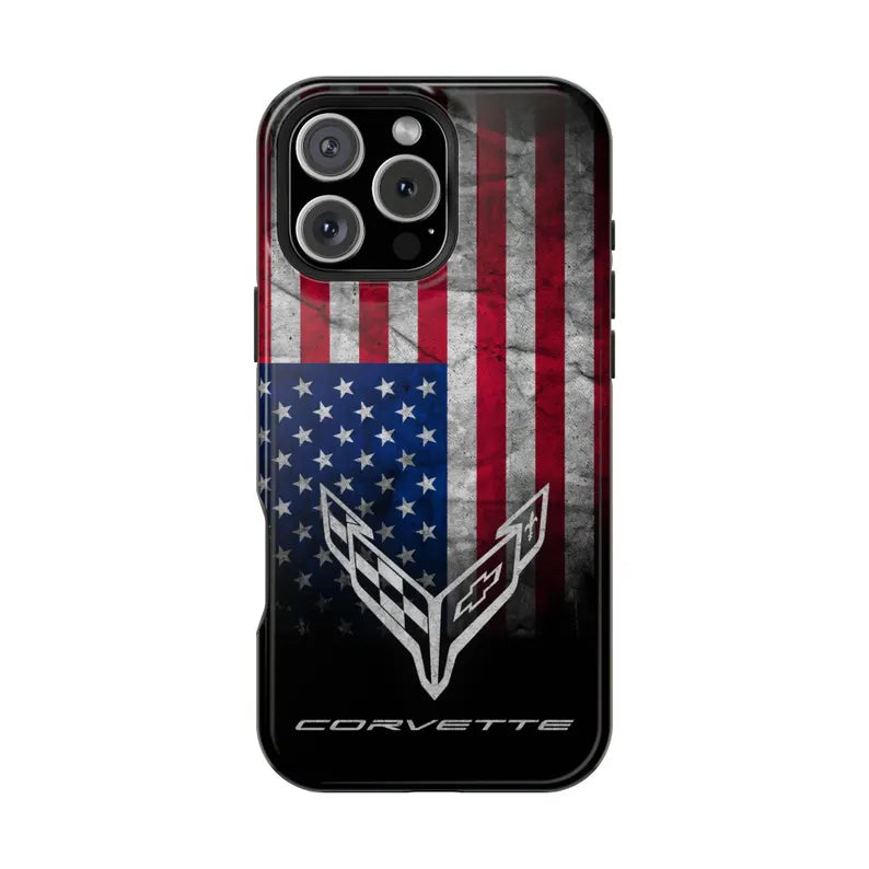 Corvette C8 Magnetic Tough Case, USA Flag, American Flag, iPhone Case, Impact Resistant, MagSafe, Rubber Liner, Matte or Glossy, Cell Case