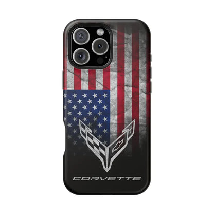 Corvette C8 Magnetic Tough Case, USA Flag, American Flag, iPhone Case, Impact Resistant, MagSafe, Rubber Liner, Matte or Glossy, Cell Case
