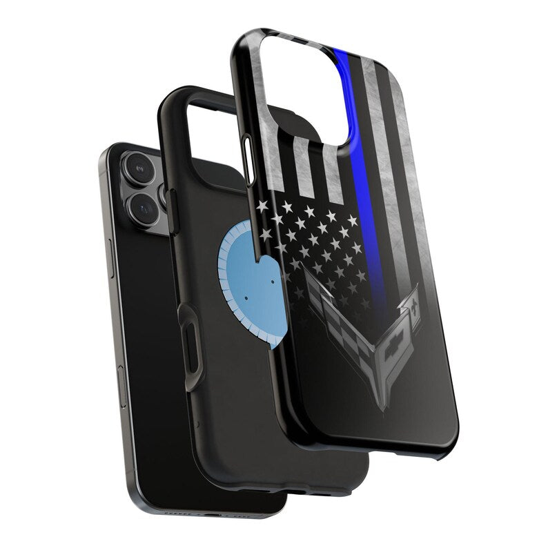 Corvette C8 Blue Lives Matter Magnetic Tough Case, iPhone Case, Impact Resistant, MagSafe, Rubber Liner, Matte or Glossy, Cell Phone Case