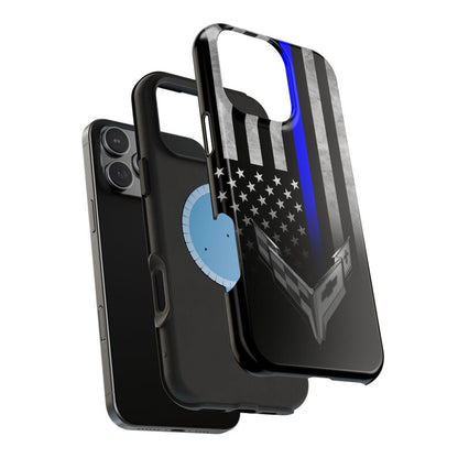 Corvette C8 Blue Lives Matter Magnetic Tough Case, iPhone Case, Impact Resistant, MagSafe, Rubber Liner, Matte or Glossy, Cell Phone Case